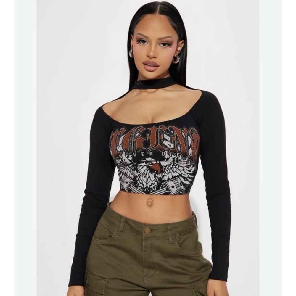 Fashion Nova Womens 1X Black Ribbed Cold Shoulder Eagle Crop Top Y2K Grunge Goth